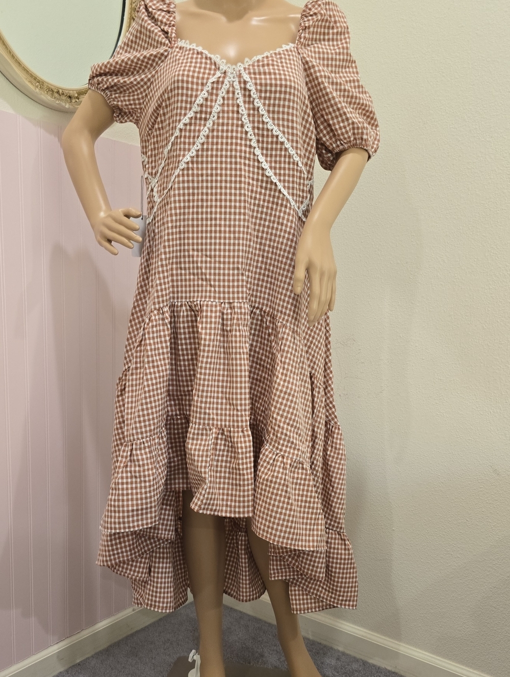 Gingham Puff-Sleeve Midi Dress in Brown
